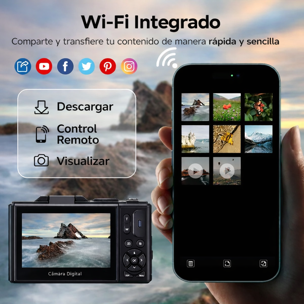 Cámara Digital 75MP 5K con Zoom 18X y Pantalla Giratoria