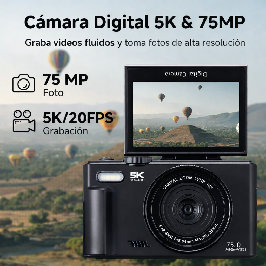 Cámara Digital 75MP 5K con Zoom 18X y Pantalla Giratoria