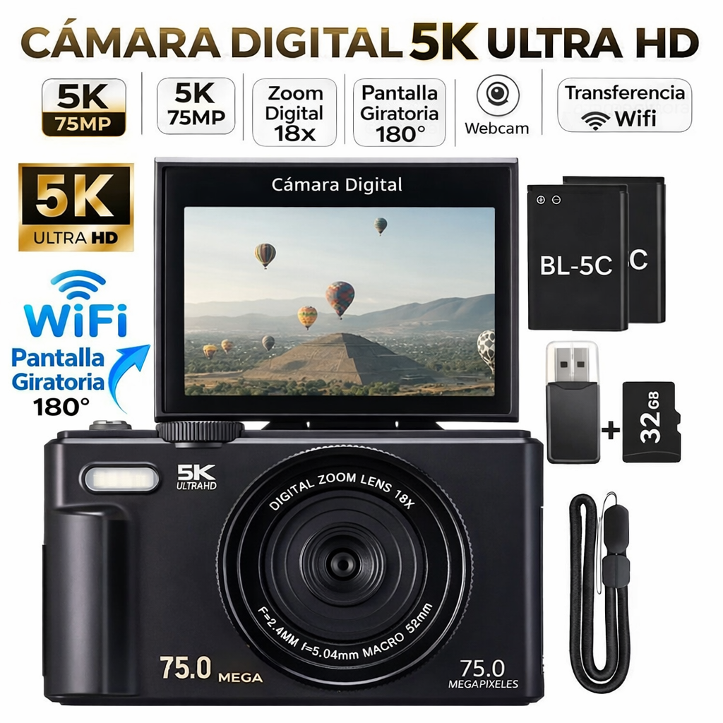 Cámara Digital 75MP 5K con Zoom 18X y Pantalla Giratoria