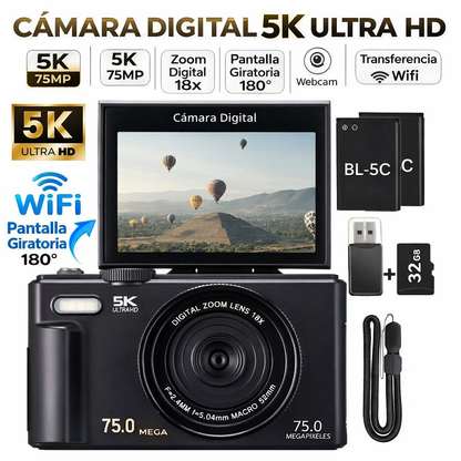 Cámara Digital 75MP 5K con Zoom 18X y Pantalla Giratoria
