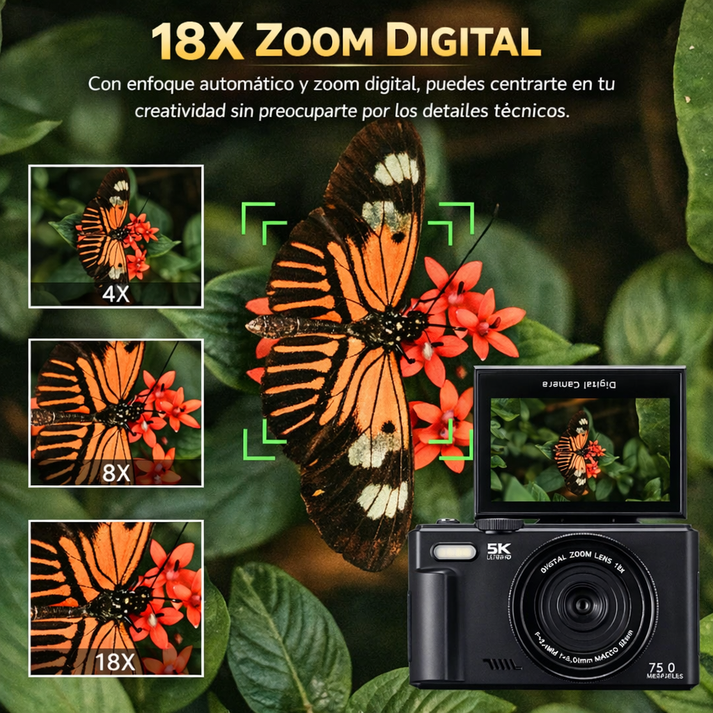 Cámara Digital 75MP 5K con Zoom 18X y Pantalla Giratoria