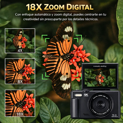 Cámara Digital 75MP 5K con Zoom 18X y Pantalla Giratoria