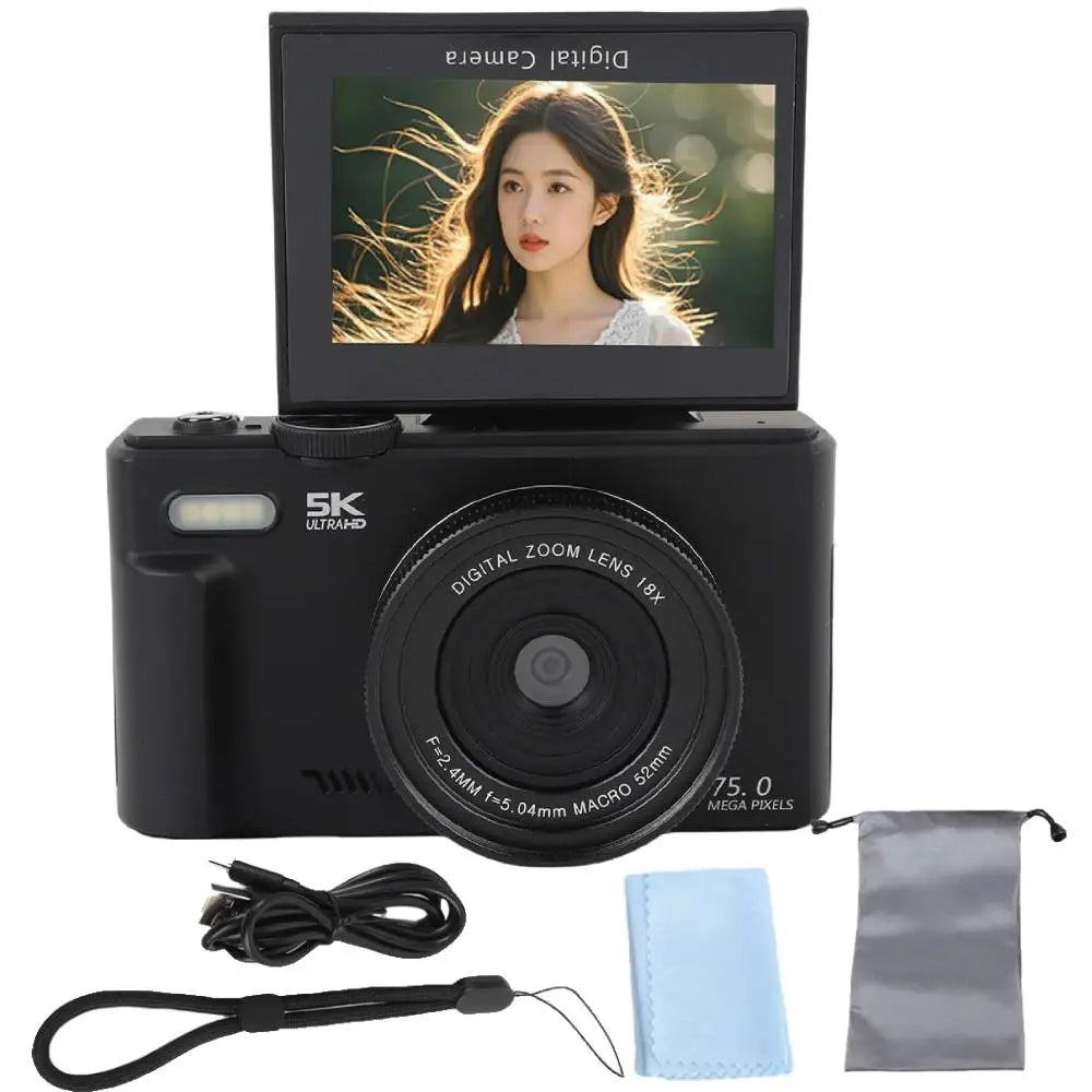Cámara Digital 75MP 5K con Zoom 18X y Pantalla Giratoria