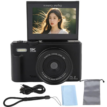 Cámara Digital 75MP 5K con Zoom 18X y Pantalla Giratoria