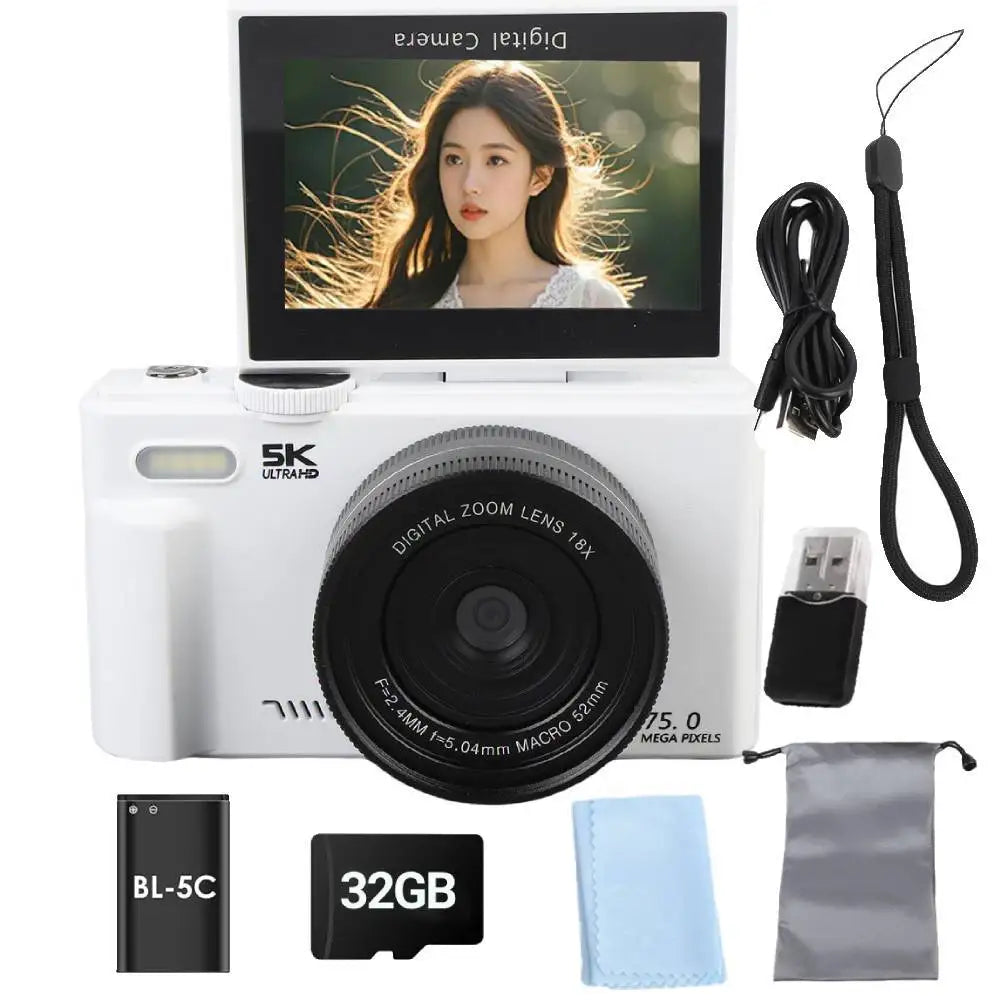 Cámara Digital 75MP 5K con Zoom 18X y Pantalla Giratoria