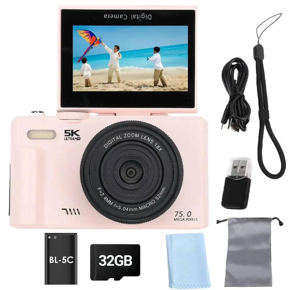 Cámara Digital 75MP 5K con Zoom 18X y Pantalla Giratoria