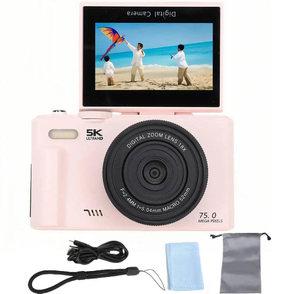 Cámara Digital 75MP 5K con Zoom 18X y Pantalla Giratoria