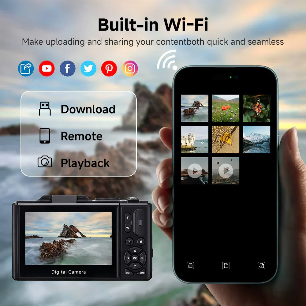 Cámara Digital 75MP 5K con Zoom 18X y Pantalla Giratoria