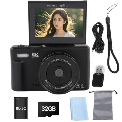 Cámara Digital 75MP 5K con Zoom 18X y Pantalla Giratoria