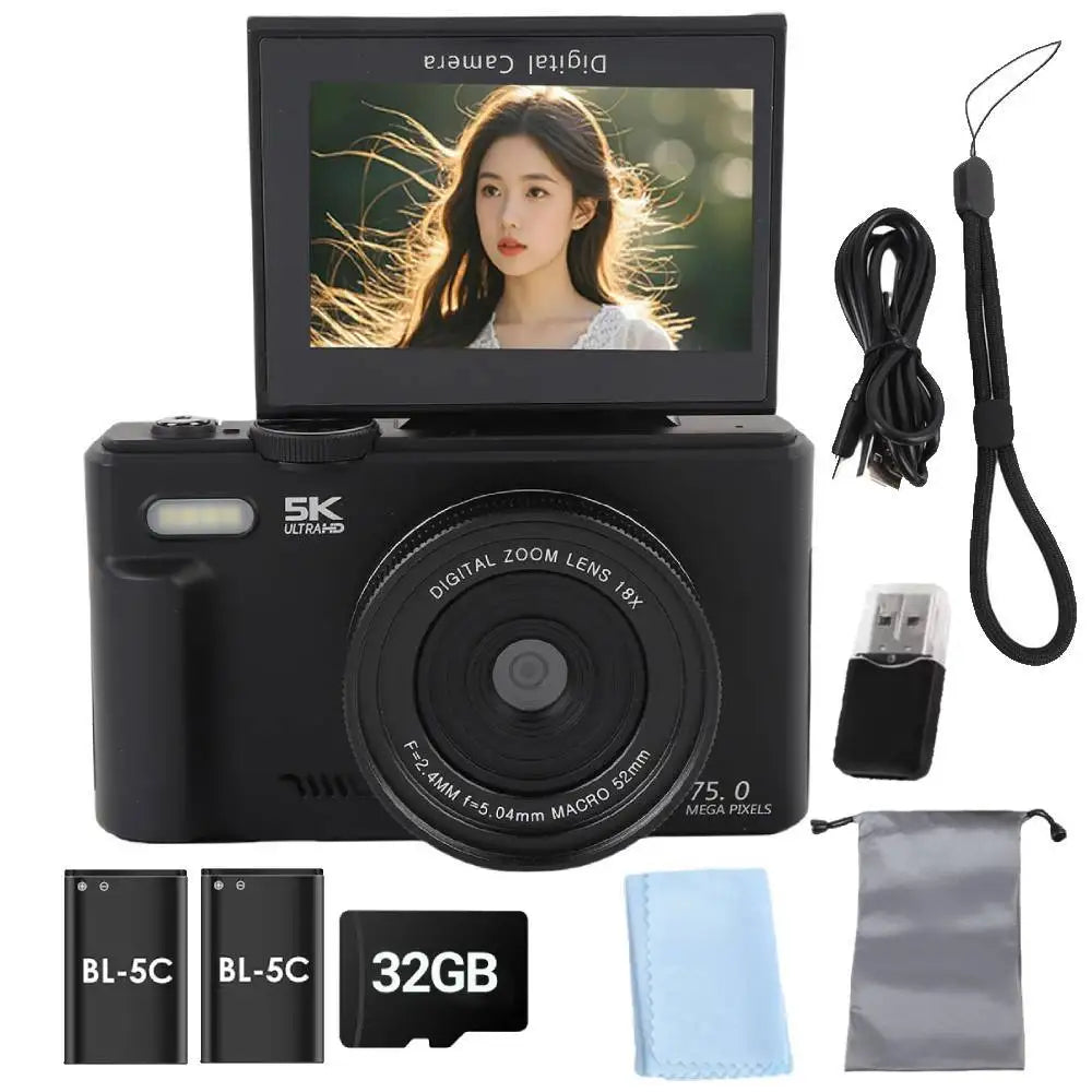 Cámara Digital 75MP 5K con Zoom 18X y Pantalla Giratoria