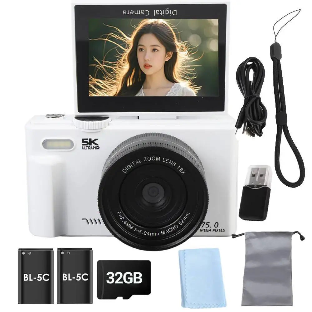 Cámara Digital 75MP 5K con Zoom 18X y Pantalla Giratoria