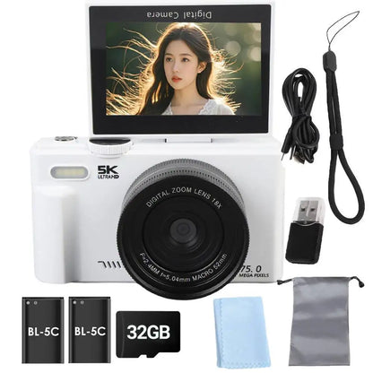 Cámara Digital 75MP 5K con Zoom 18X y Pantalla Giratoria