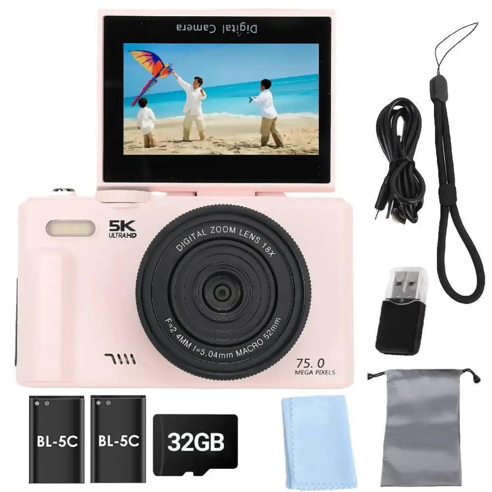 Cámara Digital 75MP 5K con Zoom 18X y Pantalla Giratoria